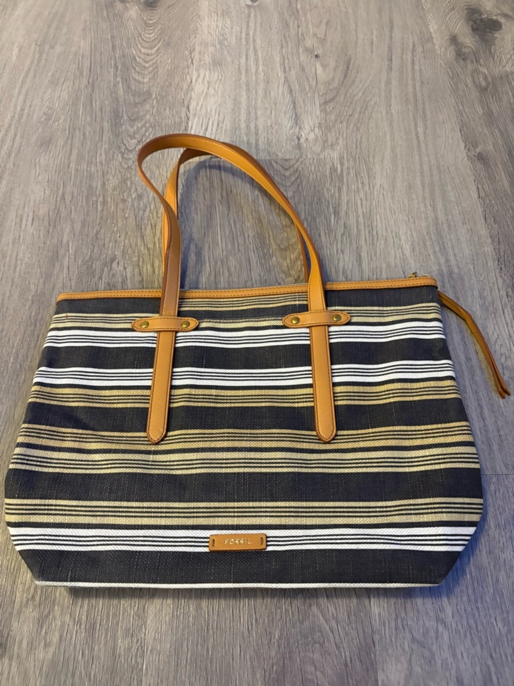 Fossil Black, White & Tan Striped Canvas Tote